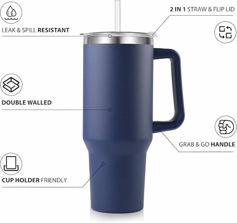 Trending Tumbler Mug with Handle and Straw 40oz/1200ml Stainless Steel Double-Walled Thermal Mug for Hot & Cold Beverages, Ideal for Travel, Gym, and Outdoor Use 